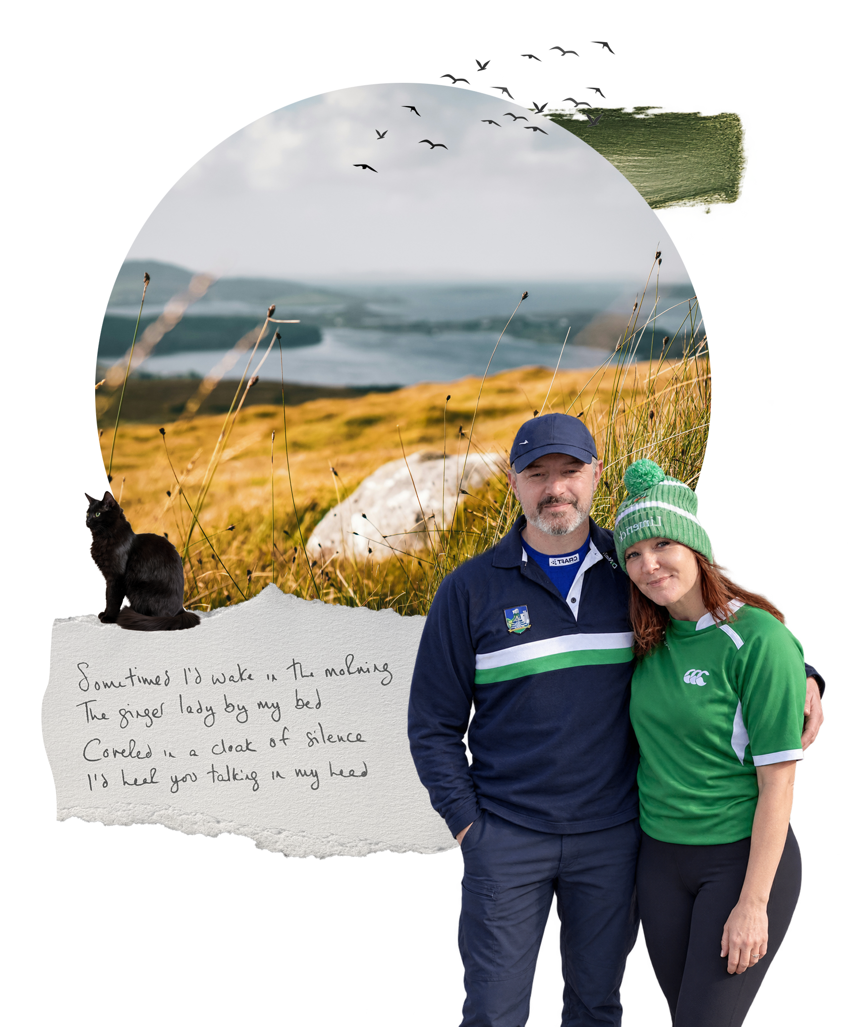 Collage of a coastal landscape, flying birds, a black cat, handwritten verse, and two people in sports clothing.