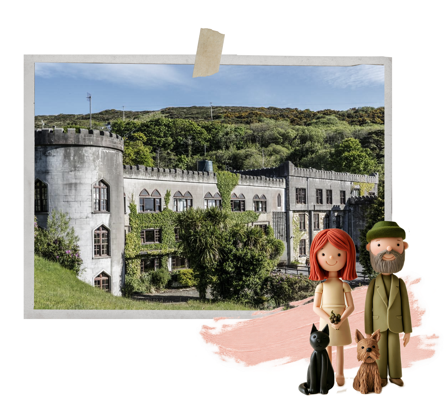 Collage of a crenellated stone building with a couple, black cat, brown dog, greenery, and pink brushstroke.